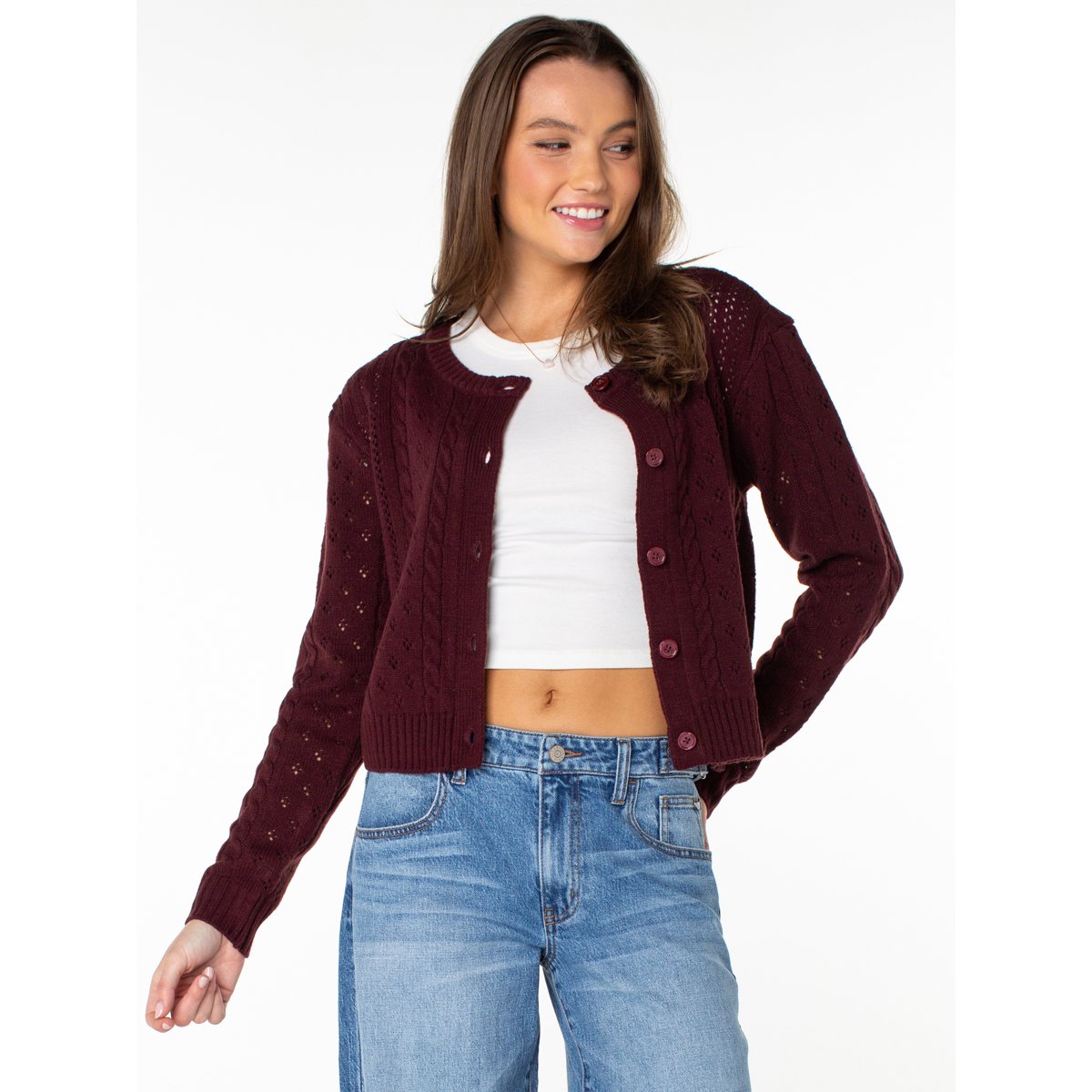 Women's Pointelle Crew Neck Cardigan Sweater, Sizes XS-4X