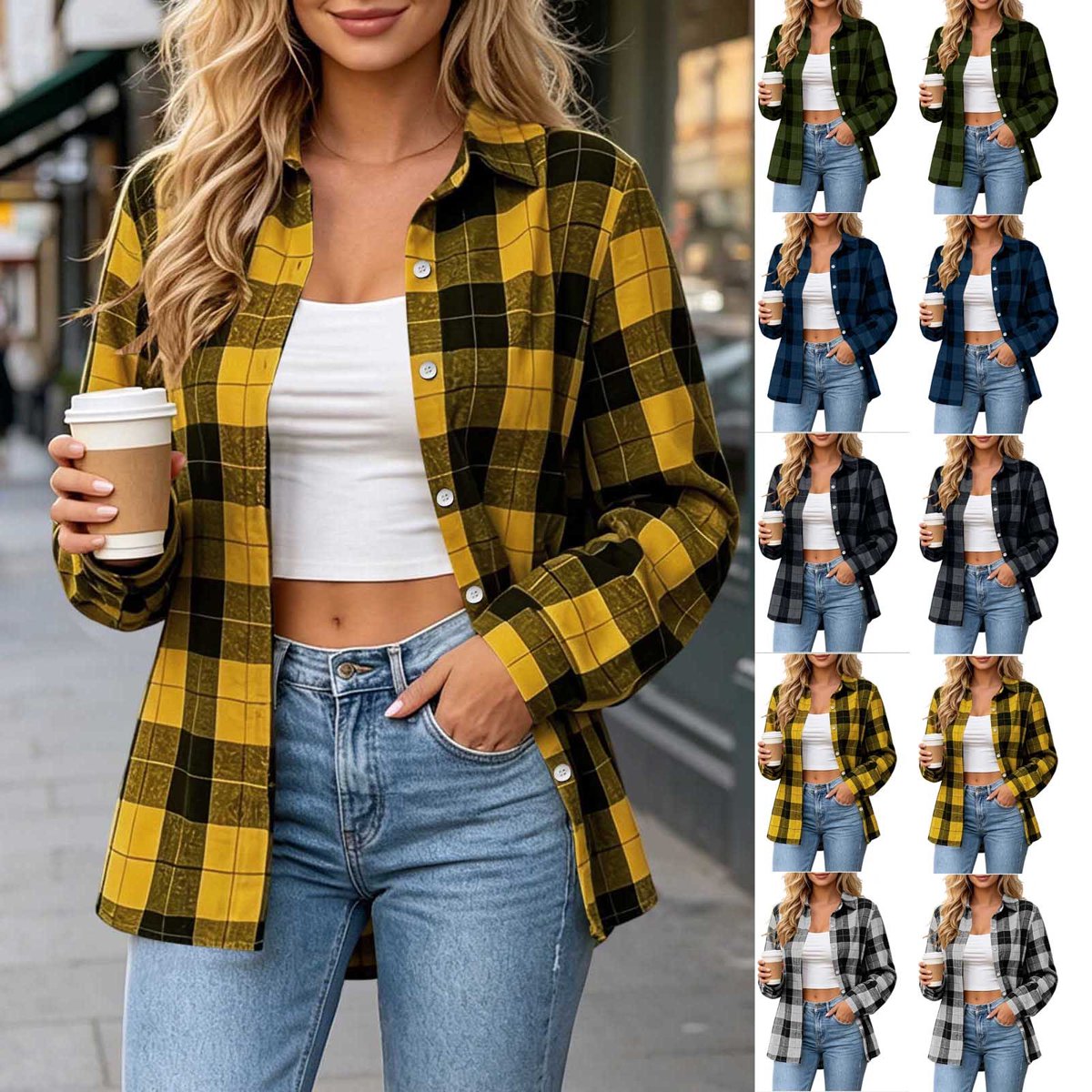 Plaid Flannel Shirts for Women Long Sleeve Button Down Fashion Shirt Shacket Casual Lightweight Fall Jackets, S-2XL