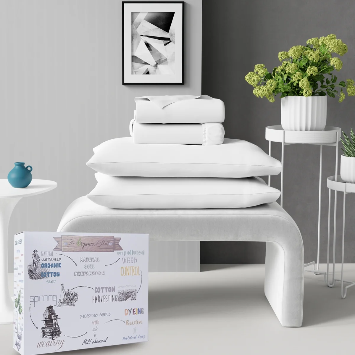 Purity Home 4-Piece 100% Organic Cotton Percale Bed Sheet Set, Cool & Crisp Bedding, Soft & Breathable, Lightweight, Eco-Friendly, Queen, Arctic White