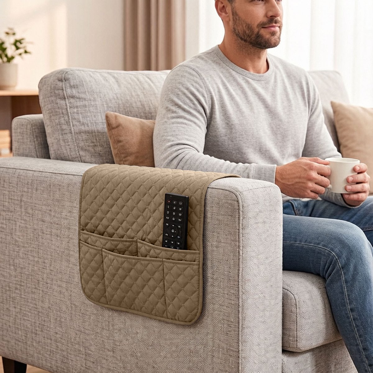 Sofa Armrest Organizer with Pockets, Non Couch Recliner Armchair Caddy Remote Control Holder, Washable Storage Caddy for Magazine Tablet Phone, Armrest Organizer for Chair Recliner, Khaki