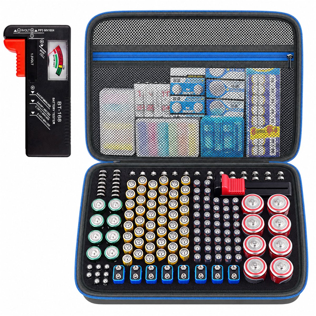 Battery Organizer Storage Holder Case Box with Tester Checker BT-168. Holds 225 Batteries AA AAA C D Cell 9V 3V Lithium (Blue, Large)