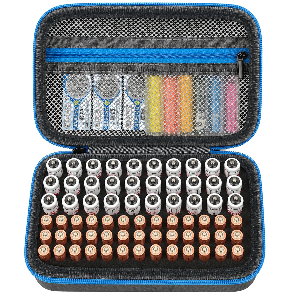 Battery Organizer Storage Holder Case Box for 69+ Batteries AA AAA C Cell 9V 3V Lithium - BT-168 (Blue, Small, No Tester Included)