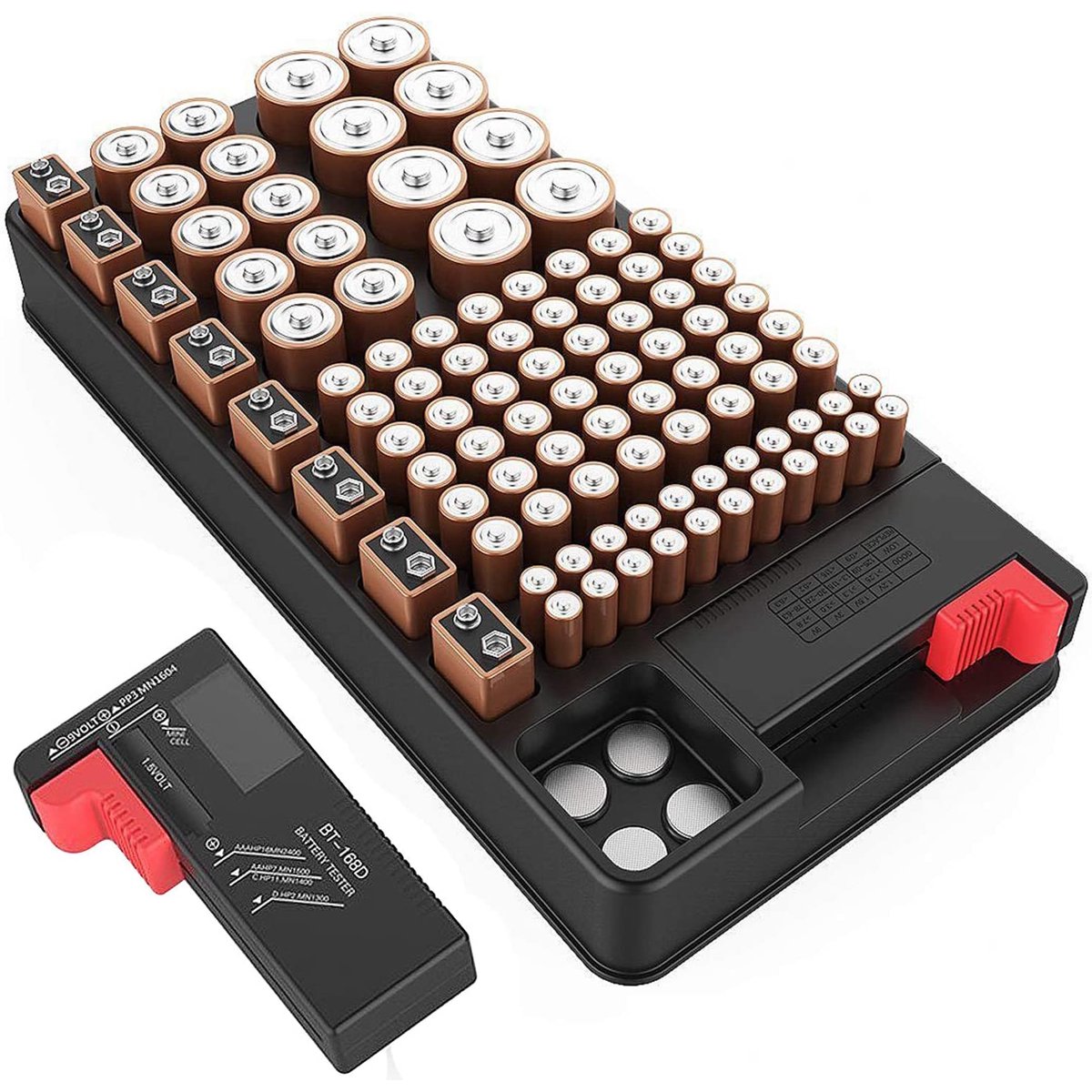 Battery organizer storage case with battery tester for AAA AA C D 9V and Button Batteries Storage box Holds 110 Batteries Various Sizes