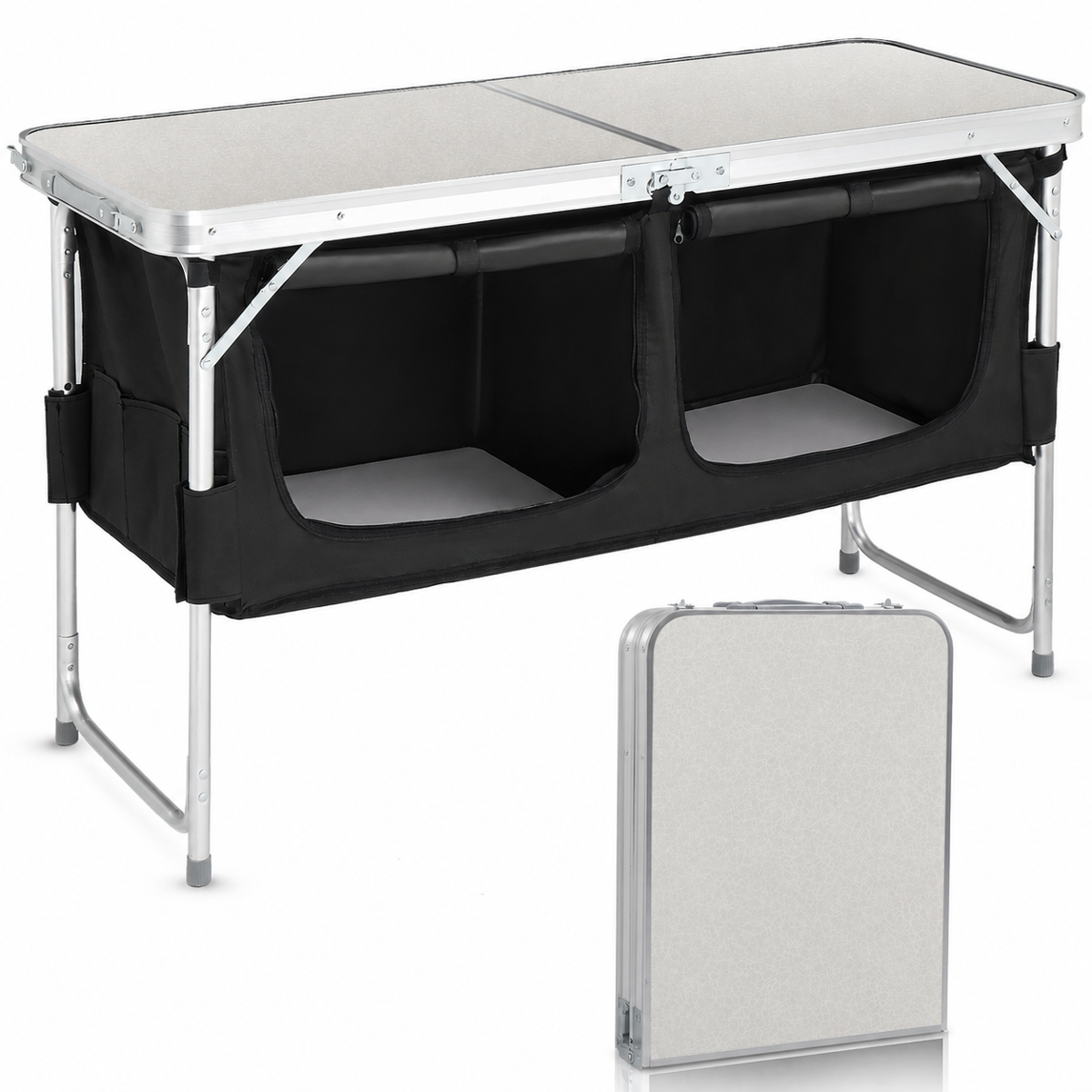 4FT Portable Folding Camping Table with Storage, Aluminum Outdoor Cooking Station with 2 Adjustable Legs, Black