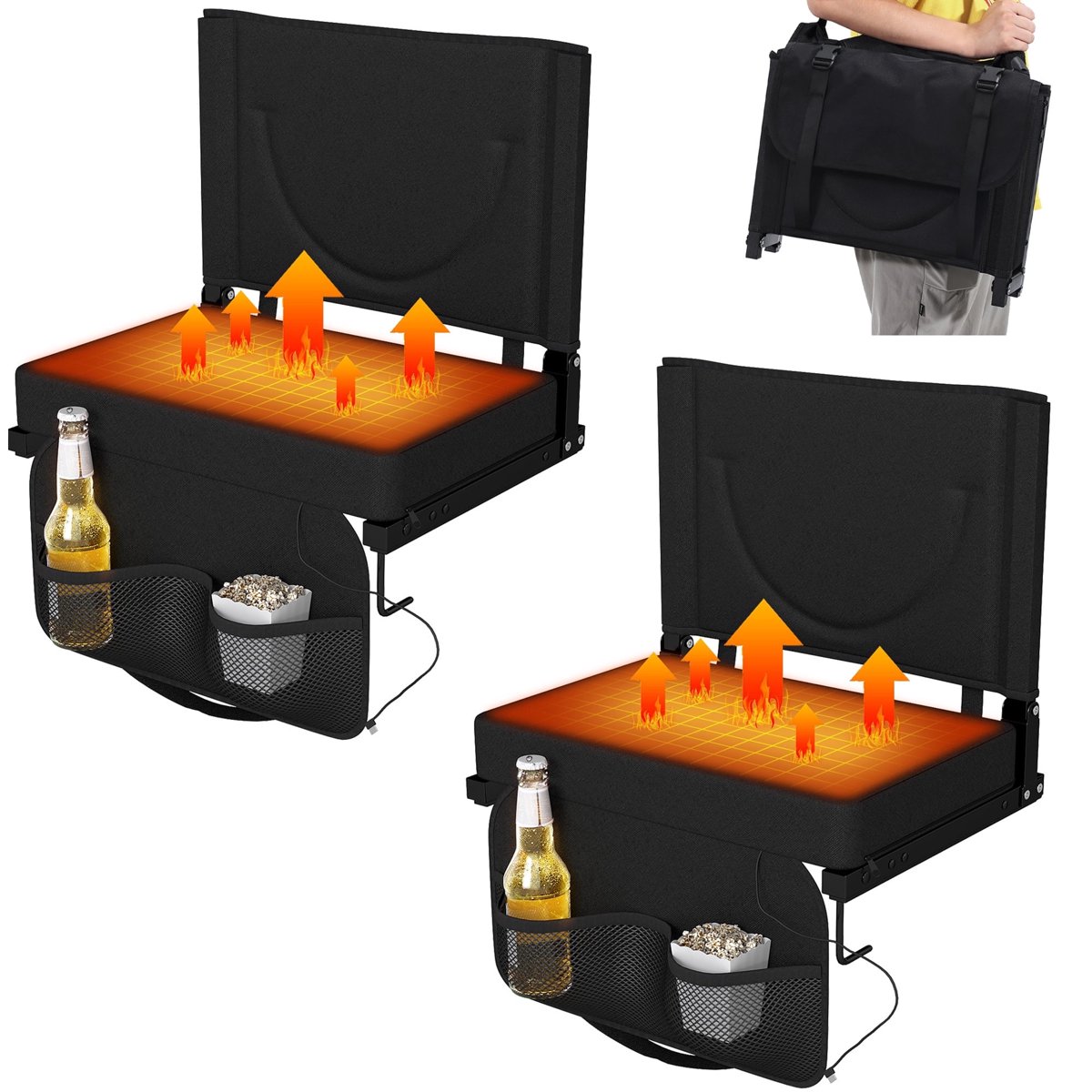 Melocadol Heated Stadium Seat 2 Pack, Outdoor Bleacher Cushion, Padded Back Support, Foldable Lightweight Portable with Storage Pockets
