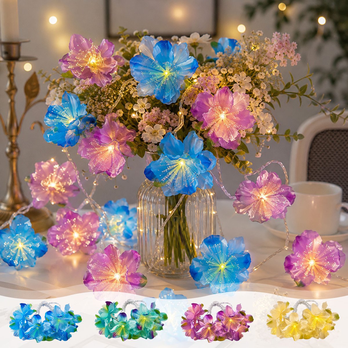 Akmoler Outdoor String Lights, 5FT Artificial Flower String Lights Battery Powered, LED Fairys Lights, Waterproof for Indoor Bedroom Wedding Party Garden Home Decor - Blue