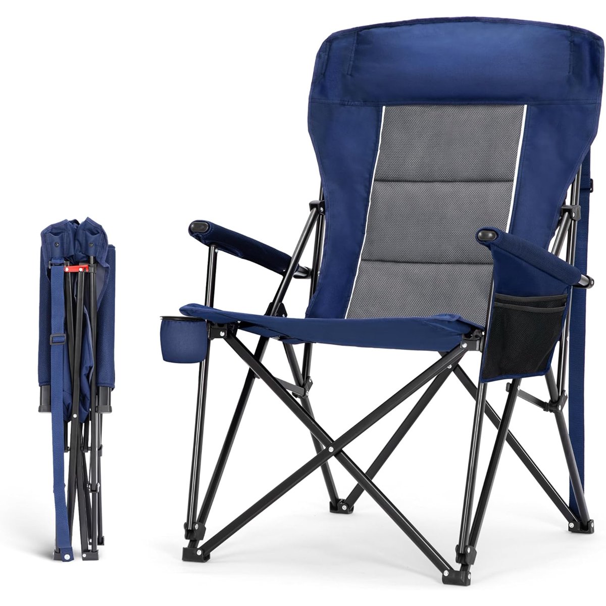 Oversized Folding Camping Chairs for Adults, High Backrest Heavy Duty Lawn Chairs Support 500 LBS Portable Collapsible Camp Chairs with Cup Holders,Side Pocket, Black