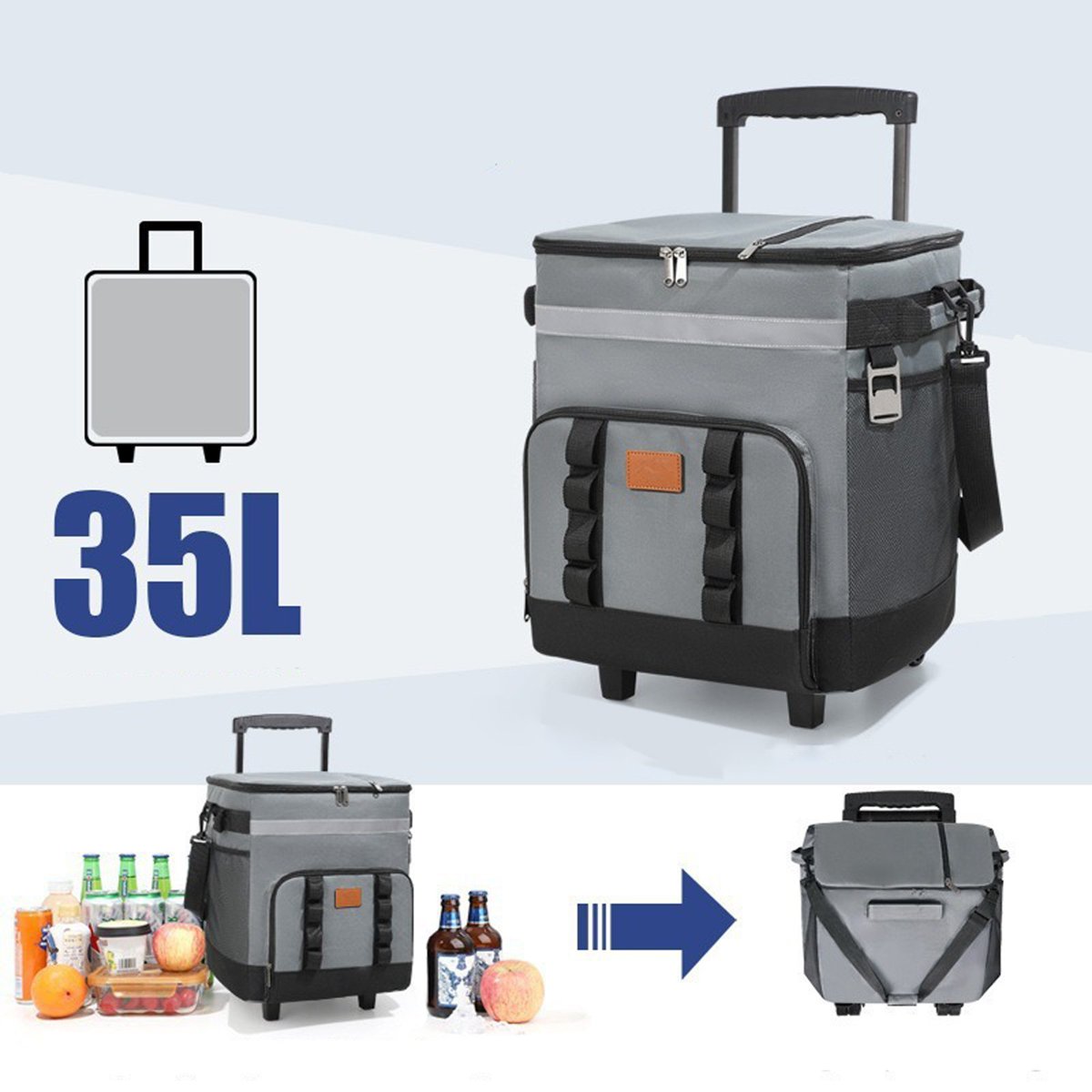 Rolling Cooler, 35-Can Portable Leakproof Insulated Soft Cooler Bag with Wheels and Handle, Cooler with Wheels and Handle 35L Large Rolling Cooler with Pull Waterproof