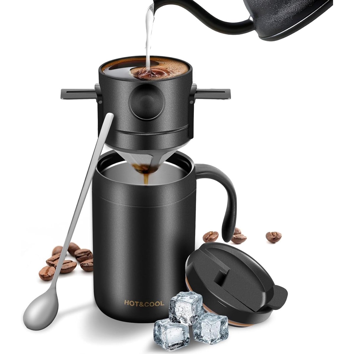 Portable Pour Over Coffee Maker Set, Stainless Steel Travel Mug with Dripper and Spoon, Reusable Coffee Filter Kit for Outdoor Camping and Home, Black
