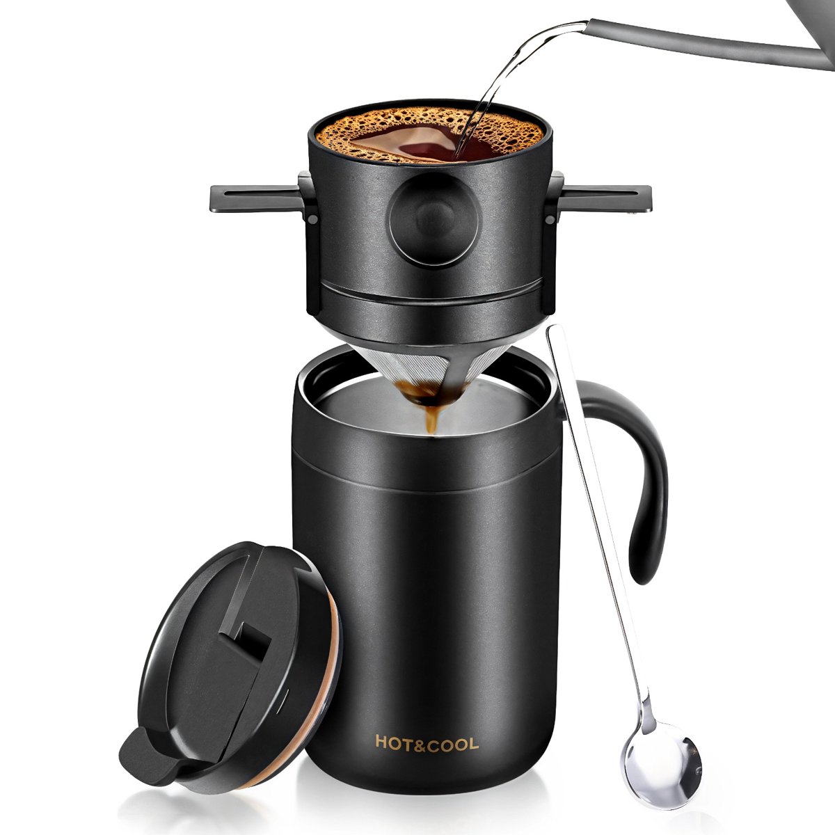 16 oz Camping Pour Over Coffee Maker Set, Portable Coffee Kit with Foldable Stainless Steel Filter, Insulated Mug and Spoon, Coffee Dripper Set for Travel, Backpacking, Office, Home
