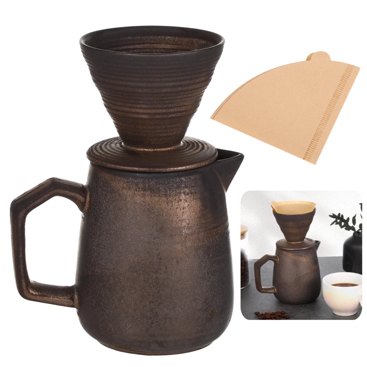 Pour Over Coffee Maker Set Vintage Ceramic Pour Over Coffee Dripper Set with 100 Paper Coffee Filters,for Home Caf Restaurant Camping,21 Ounces