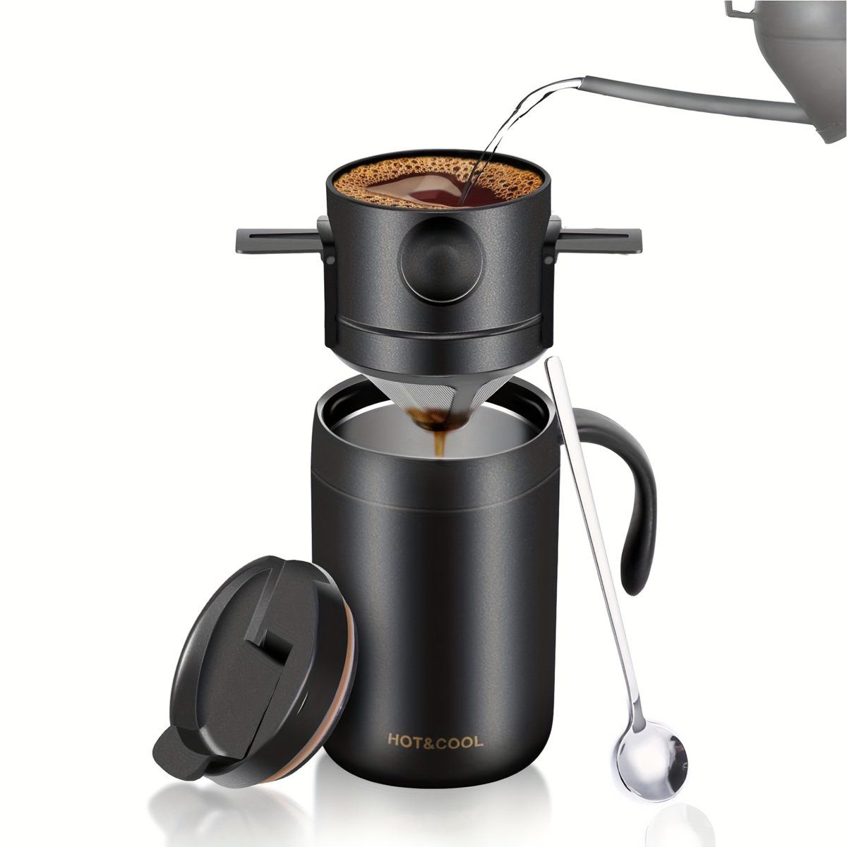 Portable Pour Over Coffee Maker Set, 3-Piece Stainless Steel Drip Coffee Kit with Reusable Filter & Insulated Thermo Cup, Travel Camping Office Hand Brew Coffee Set