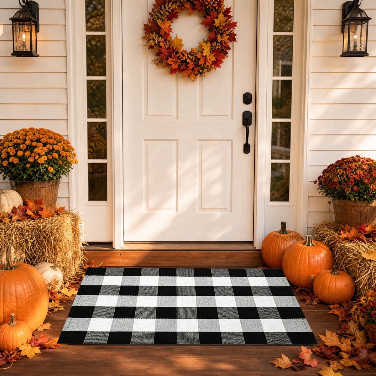 Fall Buffalo Plaid Front‑Door Doormat, Washable Woven Checkered Entry Rug, Farmhouse Welcome Mat for Thanksgiving Porch Home Decor，20×32 Inch