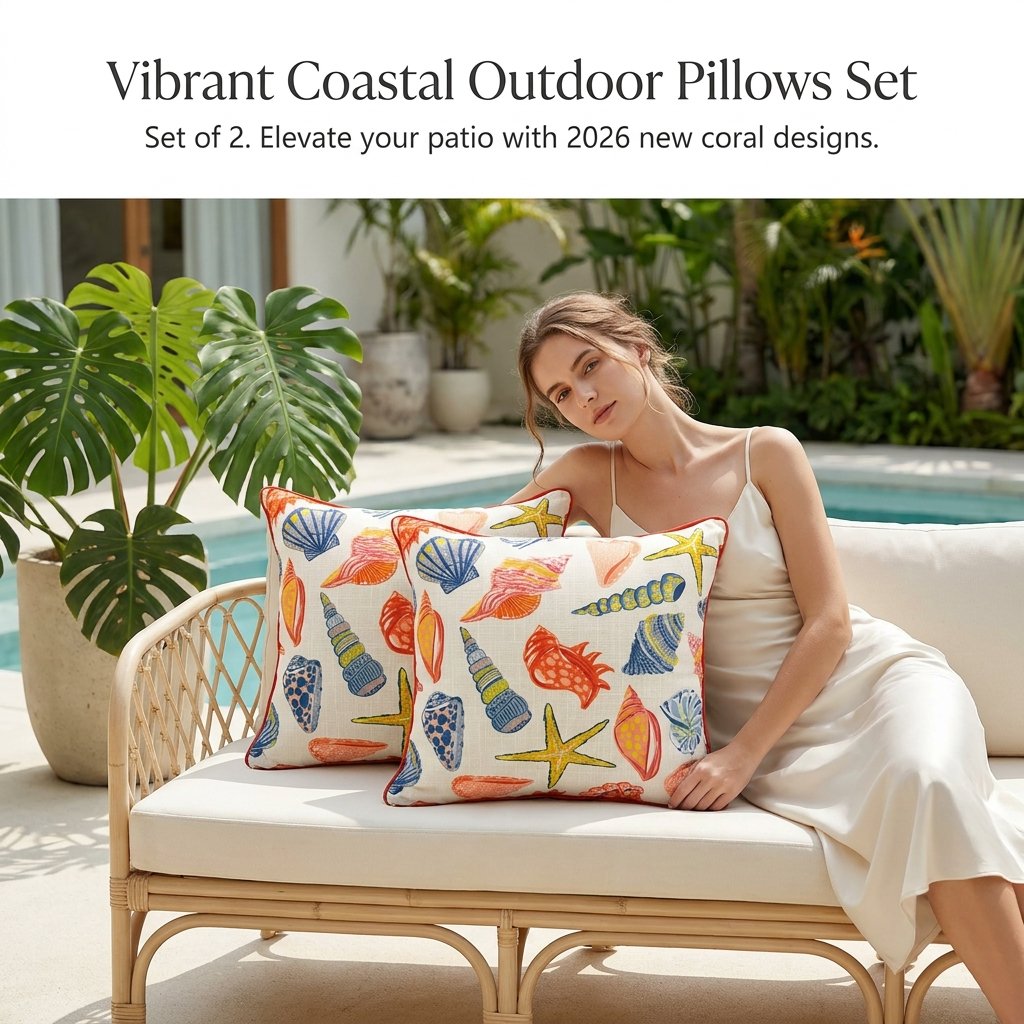 Outdoor Throw Pillows Set of 2, 18x18 Coastal Seashell Patio Pillows, Weather Resistant Polyester, Multi Color