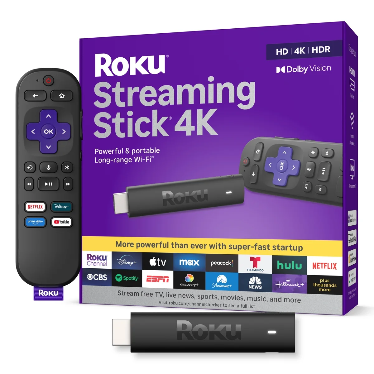 Roku Streaming Stick 4K - HDR & Dolby Vision Roku Streaming Device for TV with Voice Remote & Long-Range Wi-Fi - Free & Live TV