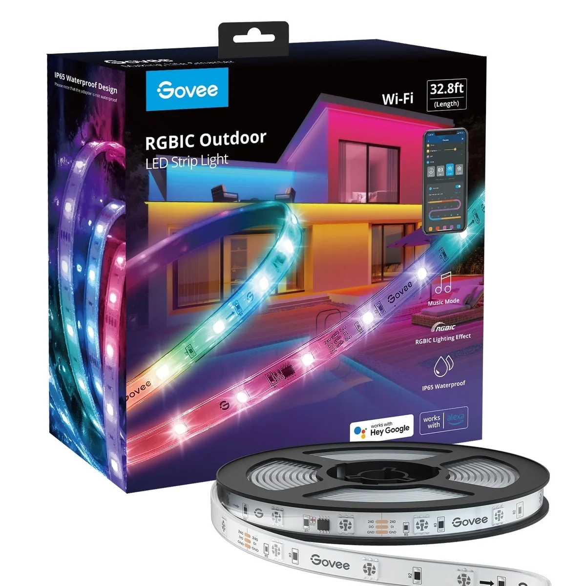 Govee 32.8ft RGBIC Outdoor LED Strip Light with Warm and Cold White, WiFi Smart Lights Outdoor, IP65 Waterproof, Work with Alexa and Google Assistant, Remote Control