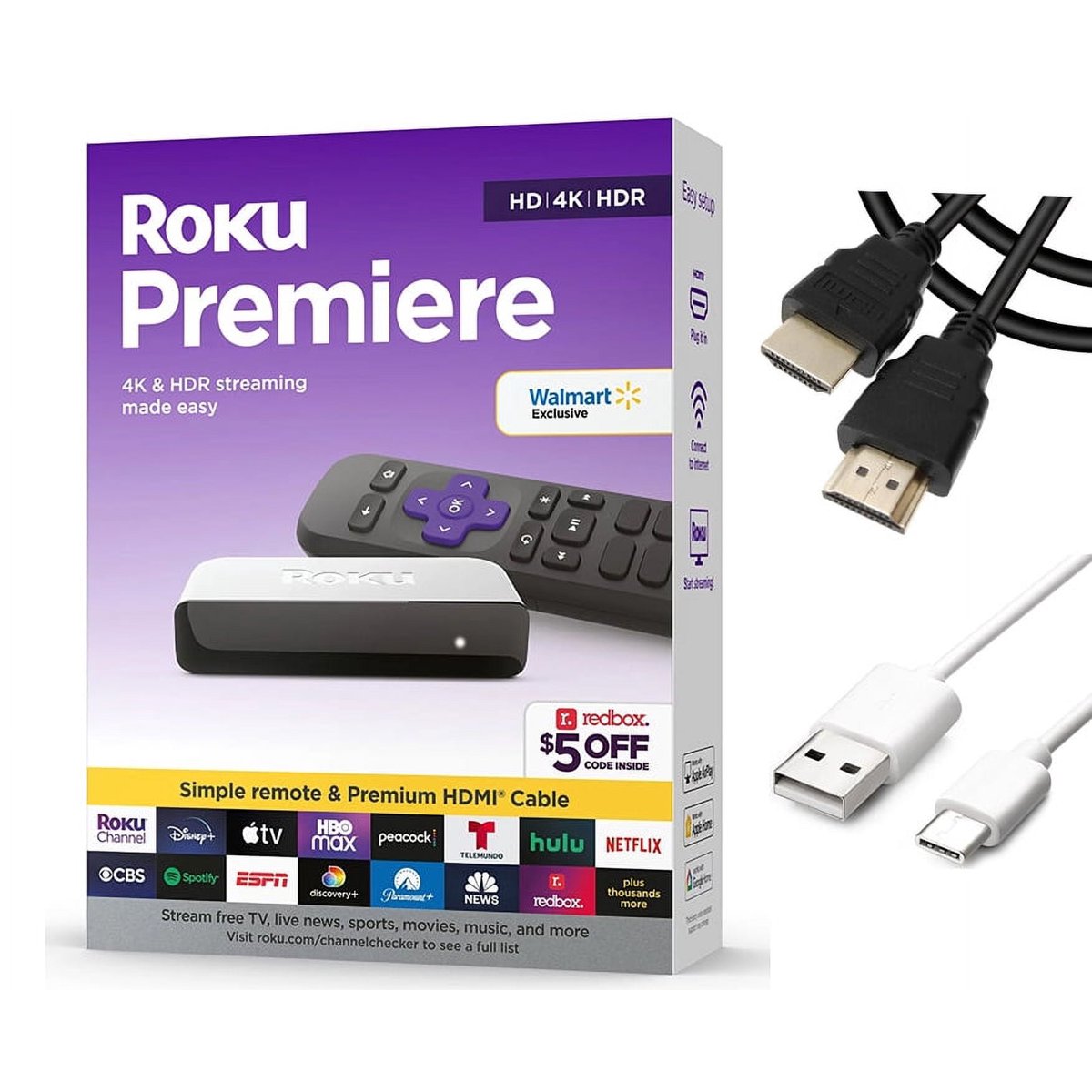 Roku Premiere | 4K/HDR Streaming Media Player Wi-Fi Enabled with Premium High Speed HDMI Cable and Simple Remote + Tigology Accessories