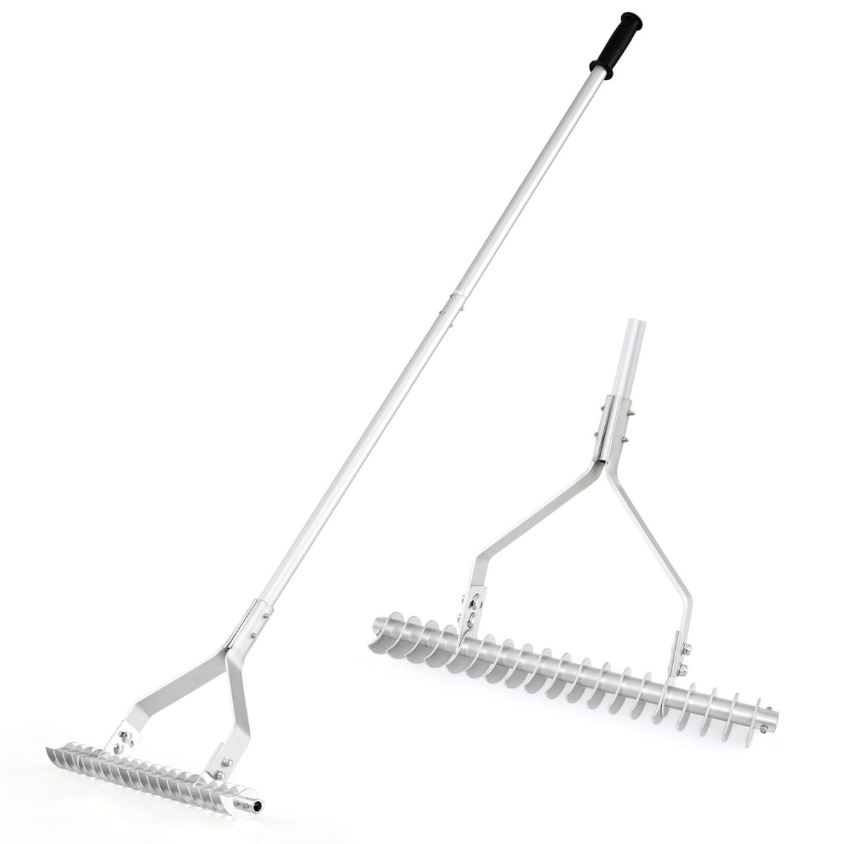 20 Inch Wide Aluminum Lawn Rake with 19 Curved Tines, Adjustable Head, Long Handle