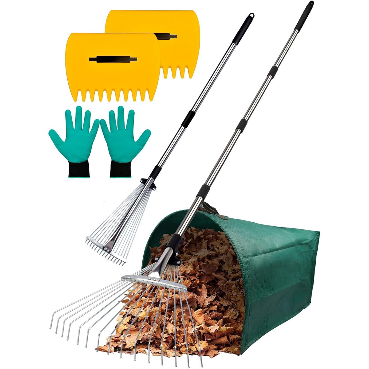 Adjustable Metal Leaf Rake Set Garden for Leaves Long Handle 37"-63" Expandable Head Gardening Tools Includes 44 Gallon Bag & Scoop Gloves Rakes Lawns Heavy Duty Yard Lawn