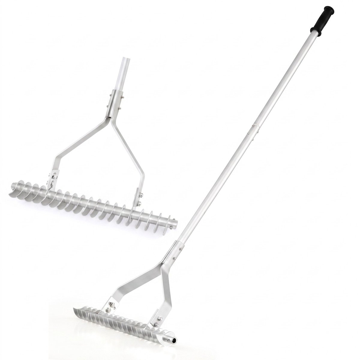 Biotree 20-Inch Aluminum Thatch Rake, Dual-Sided Lawn Loosening Soil Rake with Long Detachable Handle and 19 Curved Tines for Leaf Collecting, Silver
