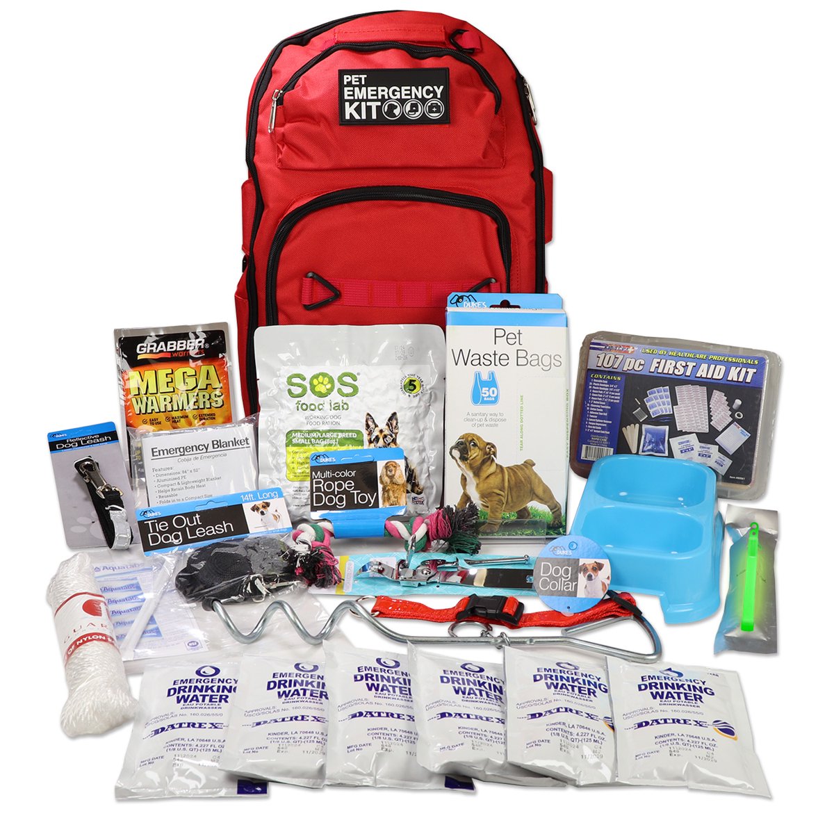 Deluxe Dog Survival Kit - 72 Hour Pet Emergency Go Bag with Food, Water, First Aid, Reflective Leash, Collar, Blanket, Toy, Waste Bags and Portable Backpack for Disaster Preparedness