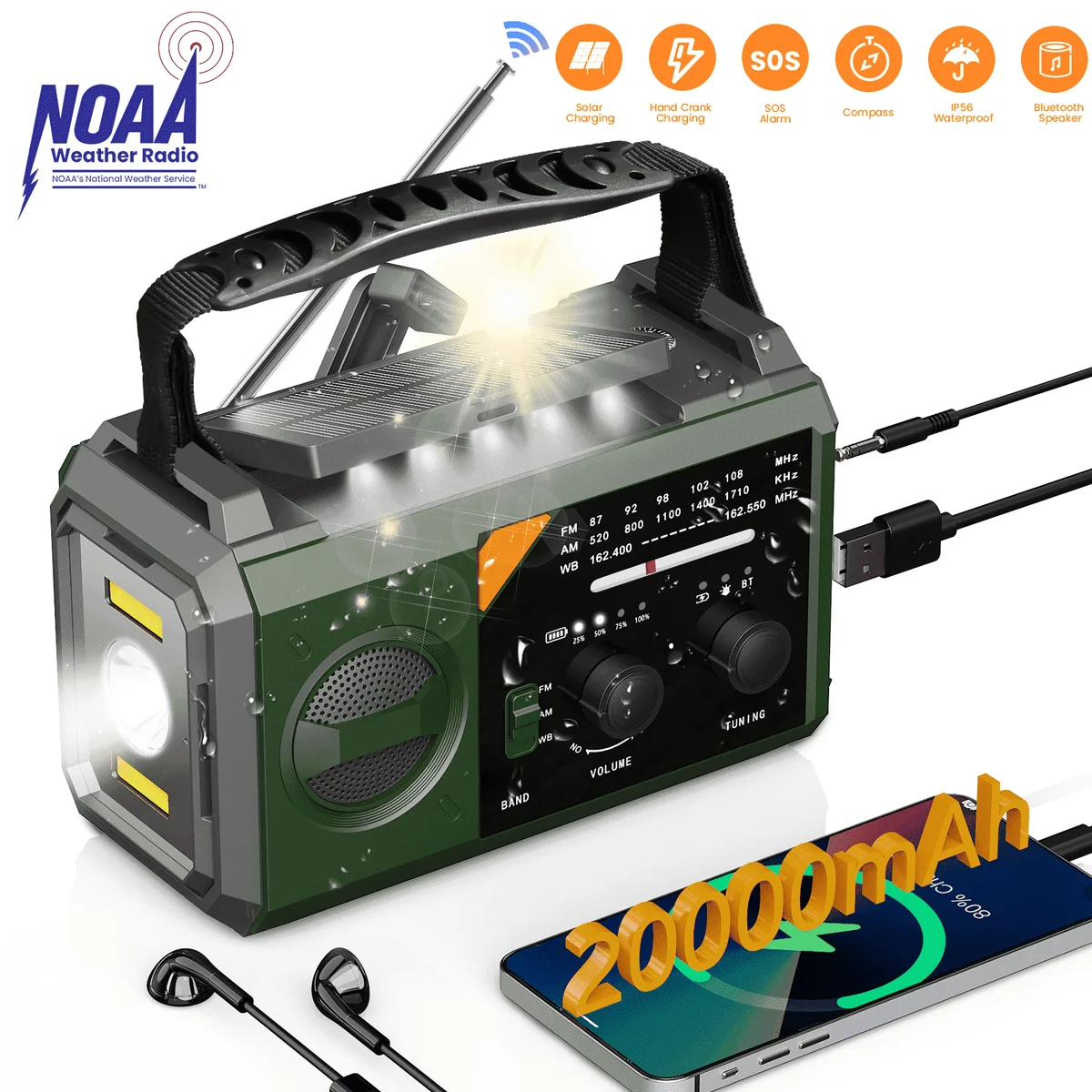 AUOSHI 20000mAh Weather Radio, NOAA/AM/FM Emergency Radio with USB/Solar/Hand Crank Charging, Flashlight, SOS Alarm, Compass, Battery Operated for Hurricane Preparedness