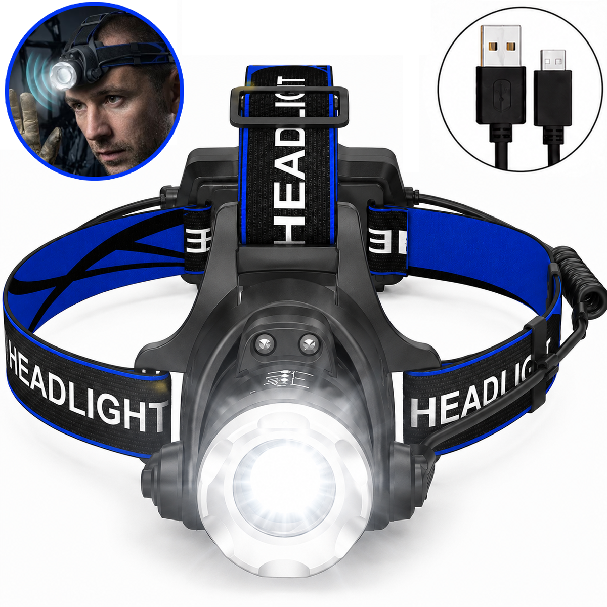 In 100+ people's carts, NIUTA Headlamp Rechargeable, USB Rechargeable LED Headlamp with Motion Sensor, Zoomable Focus, Adjustable Headband, Hands-Free Headlamp Flashlight for Camping, Hiking, Running, Fishing, Work