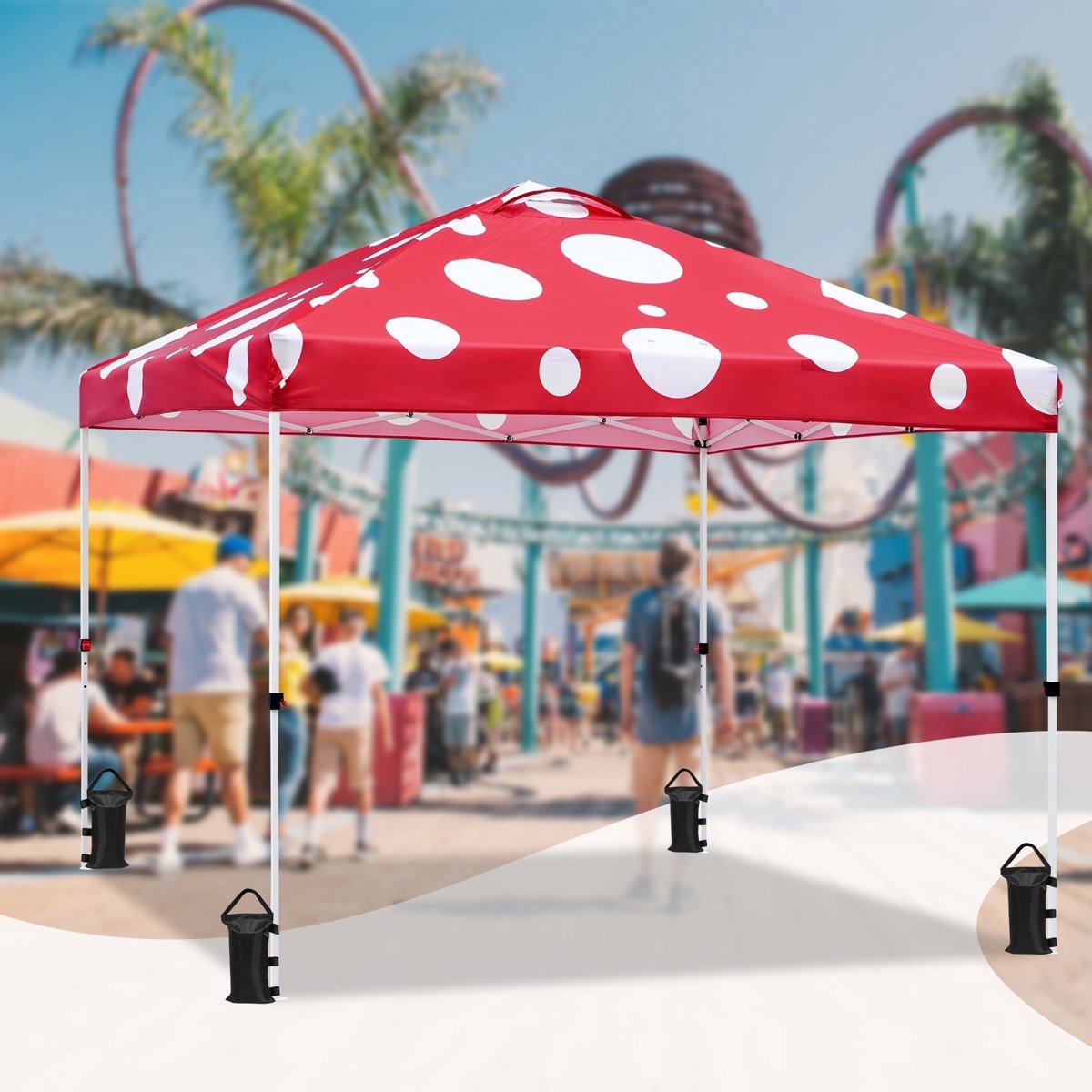EAGLE PEAK 10 x 10 ft Pop Up Canopy Tent Instant Outdoor Canopy Straight Leg Shelter with Adjustable Height and Wheeled Carrying Bag(Red Mushroom)