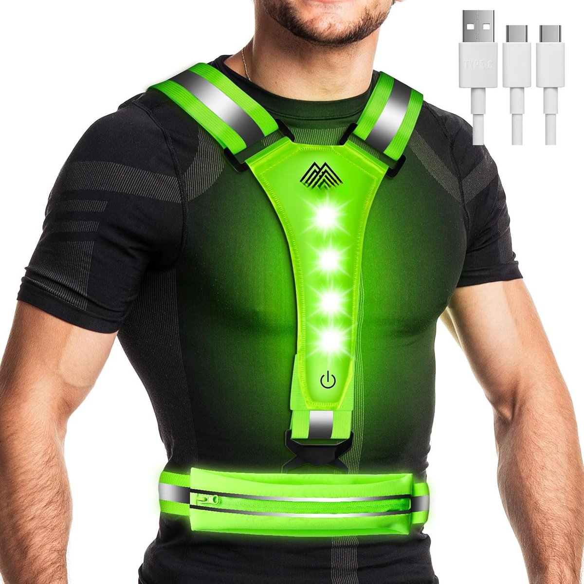 LED Reflective Vest Running Gear, USB-C Rechargeable, Light Up Lights for Night Walking Cycling, Running Phone Holder Vest for Runners, High Visibility with Adjustable /