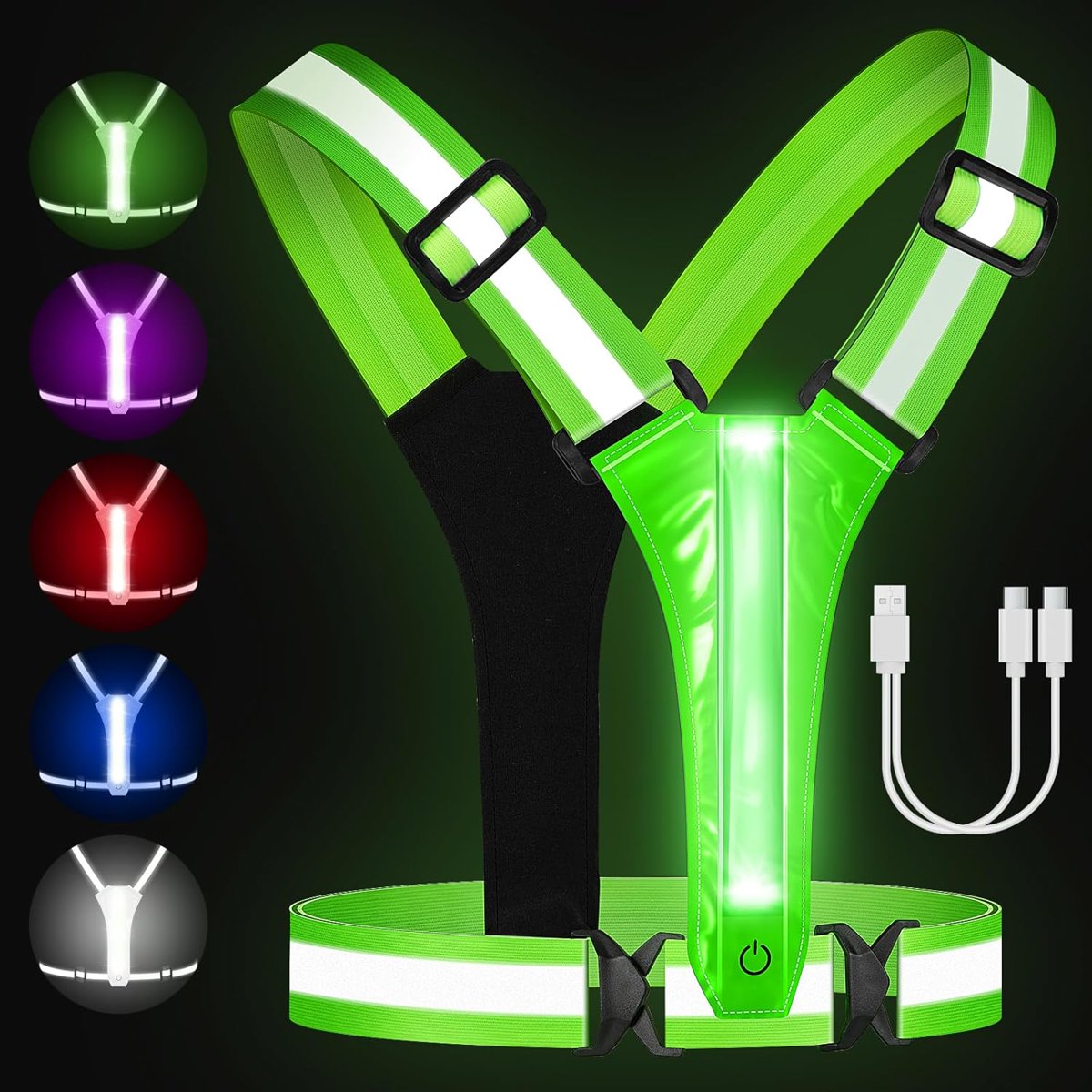 CUDIAO Led Reflective Running Vest - Light Up Running Vest with 3 Light Mode & 5 Colors, Reflective Vest & Running Lights for Runners, Rechargeable Night Running Gear - Reflective Belt Safety Vest