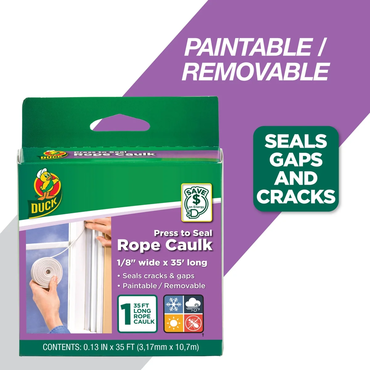 Duck Brand, 0.125 Inch X 35 Feet White Rubber Rope Caulk For Windows And Doors, Paintable And Removable