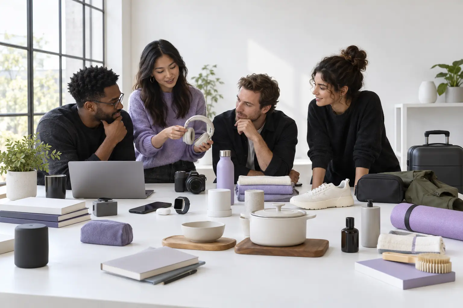 An editorial team comparing everyday products in a bright studio
