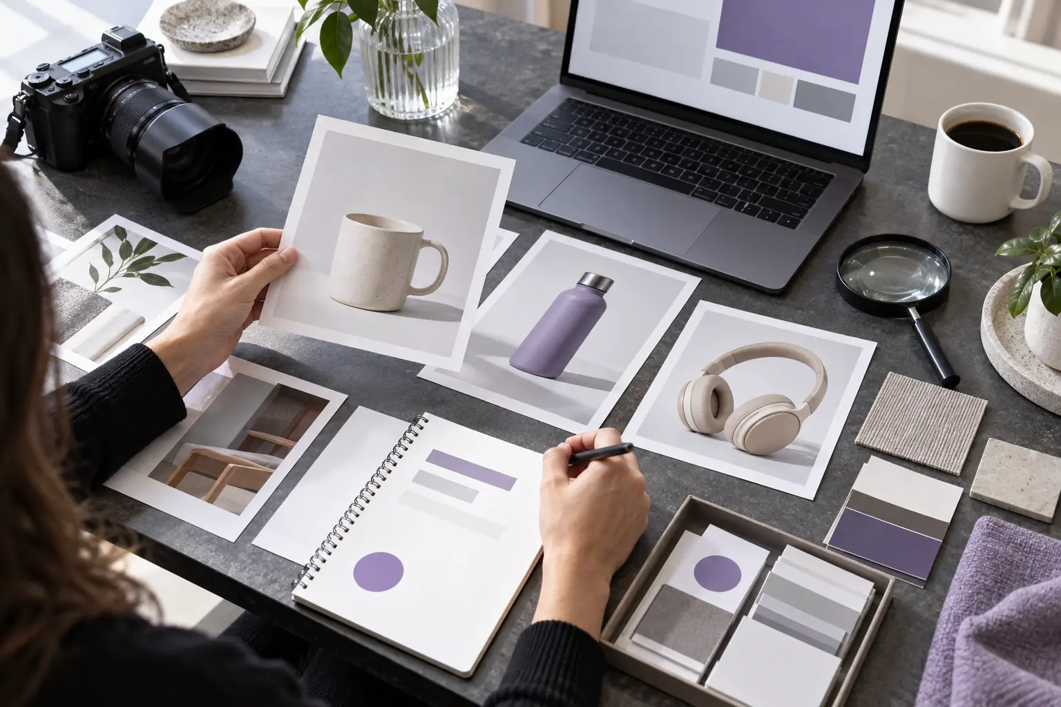 Products and research materials arranged for an editorial comparison